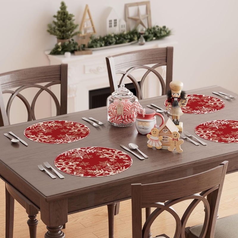 XCHI Red Snowflakes Winter Christmas Xmas Round Placemats Set of 4 Table Mats for Party Home Kitchen Dining Table Decorations 14x14 Inch - Image 4